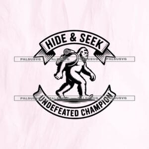 Hide & Seek Undefeated Champion SVG cut file for Cricut and Silhouette. Retro hiking Bigfoot and ribbon banners design.