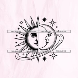 Celestial Sun and Moon SVG cut file for Cricut and Silhouette. Vintage sun, moon face, and stars design.