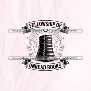 Fellowship of Unread Books SVG cut file for Cricut and Silhouette. Vintage book stack and spiderweb design.