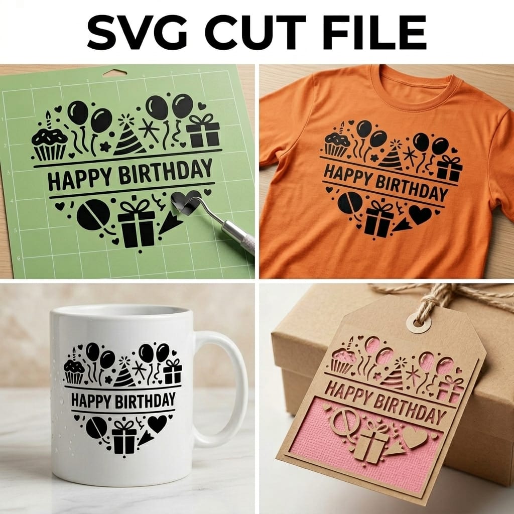 Happy Birthday Split Monogram SVG | Custom Party Heart Cut File