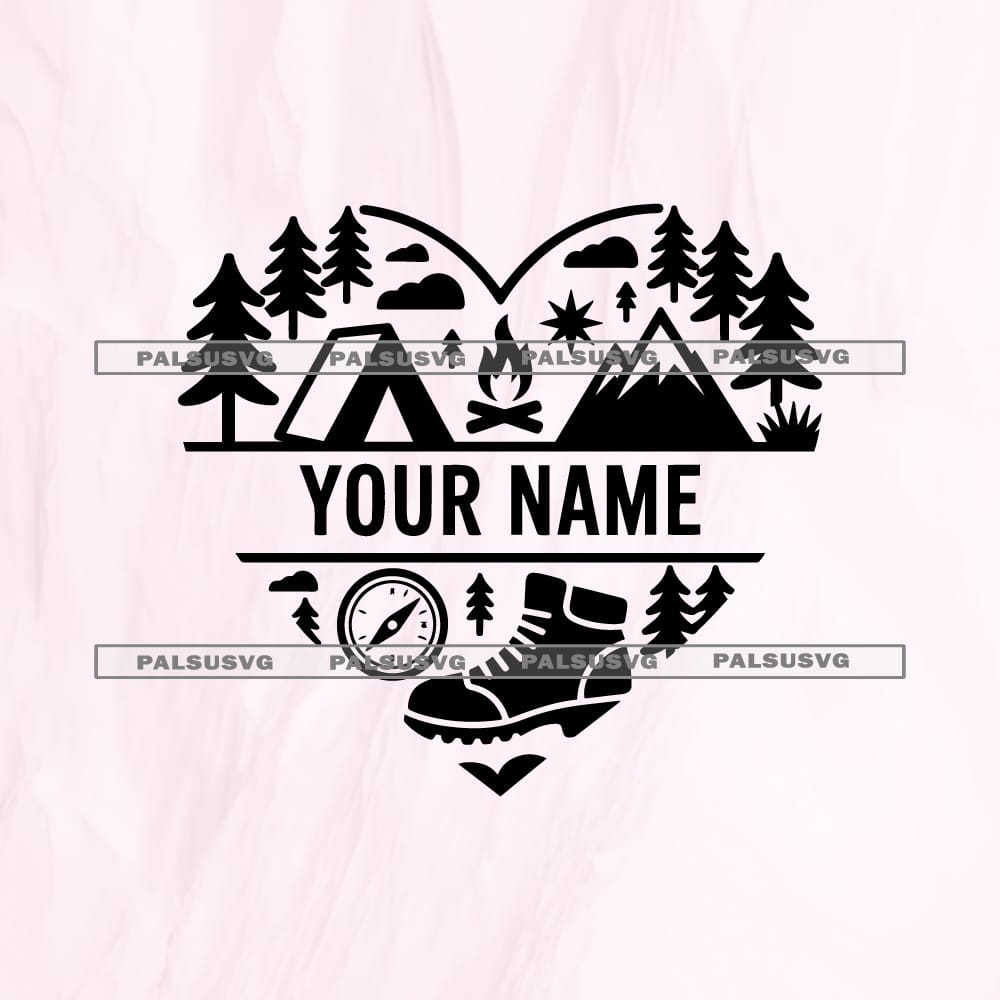 Outdoor Split Monogram SVG | Custom Camping Heart Cut File
