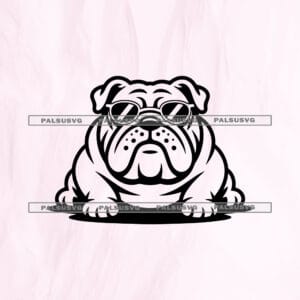 Cool Bulldog SVG cut file for Cricut and Silhouette. Funny English bulldog wearing round sunglasses resting on the ground design.