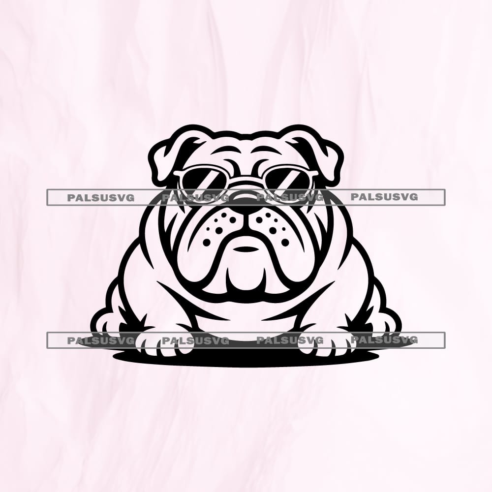 Cool Bulldog SVG cut file for Cricut and Silhouette. Funny English bulldog wearing round sunglasses resting on the ground design.