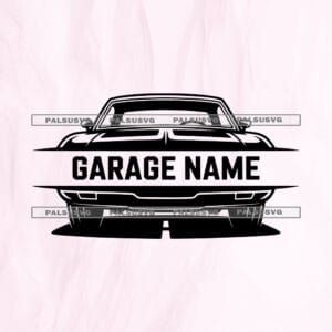 Custom muscle car SVG split monogram cut file for Cricut and Silhouette. Classic vintage automobile front view with a blank space for personalized garage name text.