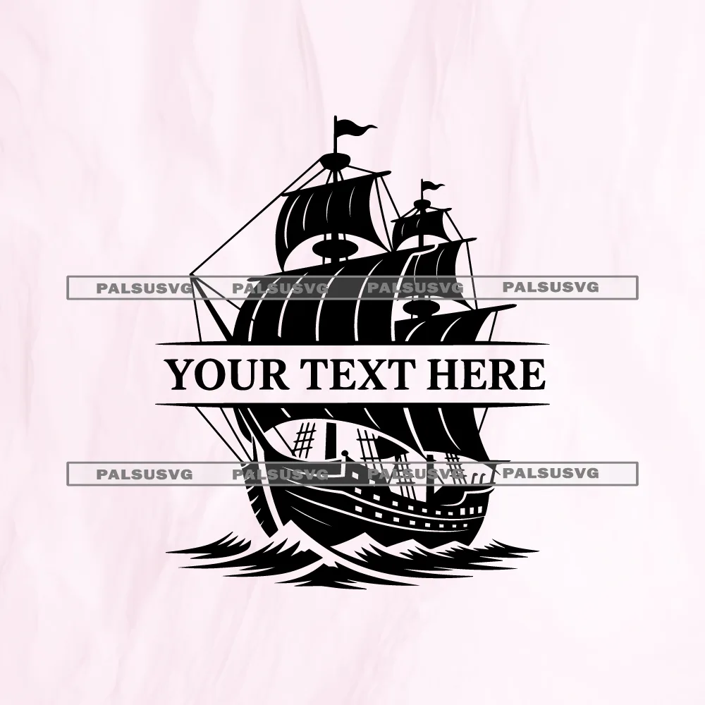 Custom sailing ship SVG split monogram cut file for Cricut and Silhouette. Classic vintage galleon riding ocean waves with a blank space for personalized nautical text.