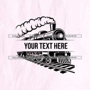 Custom Steam Train SVG split monogram cut file for Cricut and Silhouette. Classic vintage locomotive on tracks with a blank space for personalized text.