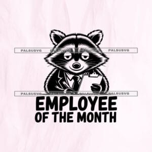 Employee of the Month SVG cut file for Cricut and Silhouette. Funny tired raccoon wearing a business suit and holding a clipboard design.
