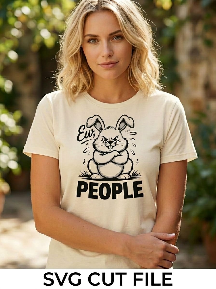 Ew People SVG cut file for Cricut and Silhouette. Comical grumpy bunny with arms crossed design.