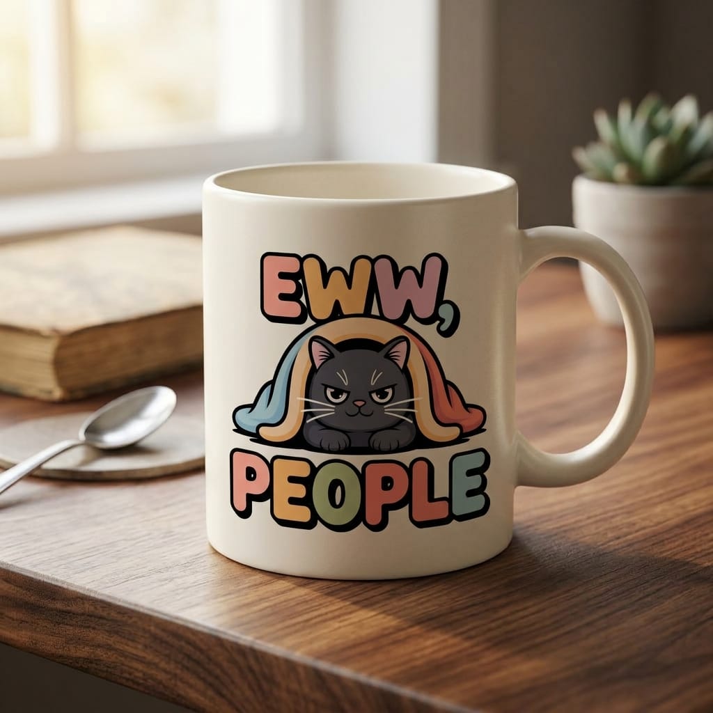 Eww People SVG cut file for Cricut and Silhouette. Grumpy black cat hiding under a colorful blanket with retro text design.