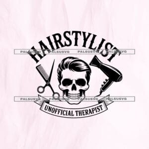 Hairstylist Unofficial Therapist SVG cut file for Cricut and Silhouette. Edgy skull with styled hair, scissors, and a blow dryer design.