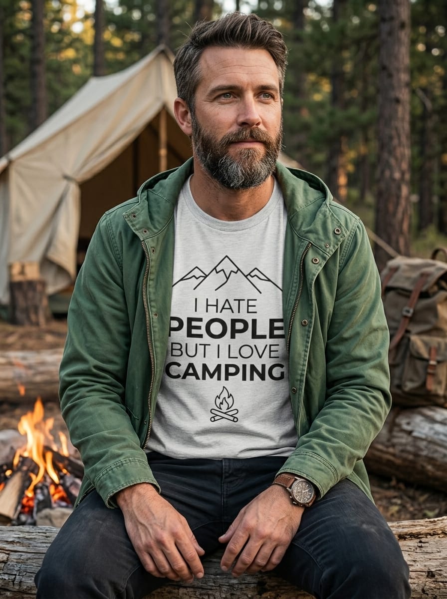 I Hate People But I Love Camping SVG cut file for Cricut and Silhouette. Minimalist mountains, text, and campfire design.