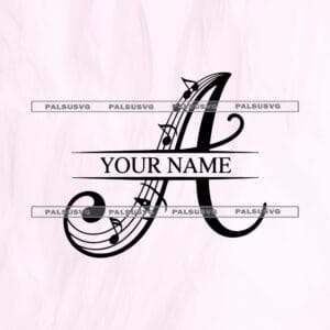 Letter A Music Monogram SVG cut file for Cricut and Silhouette. Elegant split alphabet letter A with a musical staff and notes design.