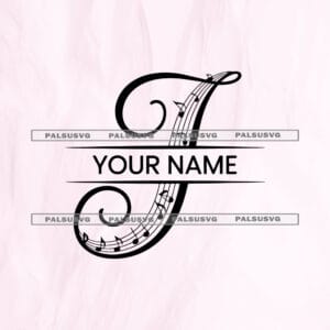 Letter J Music Monogram SVG cut file for Cricut and Silhouette. Elegant split alphabet letter J with a musical staff and notes design.