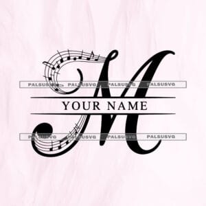 Letter M Music Monogram SVG cut file for Cricut and Silhouette. Elegant split alphabet letter M with a musical staff and notes design.