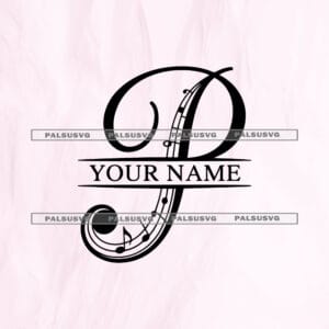 Letter P Music Monogram SVG cut file for Cricut and Silhouette. Elegant split alphabet letter P with a musical staff and notes design.