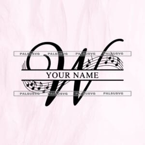 Letter W Music Monogram SVG cut file for Cricut and Silhouette. Elegant split alphabet letter W with a musical staff and notes design.