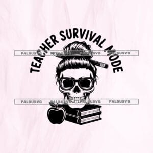Teacher Survival Mode SVG cut file for Cricut and Silhouette. Funny skull with a messy bun, glasses, pencil, books, and apple design.