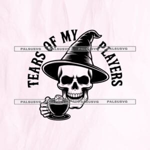 Tears Of My Players SVG cut file for Cricut and Silhouette. Funny Dungeon Master wizard skull drinking from a teacup with a gaming die inside.