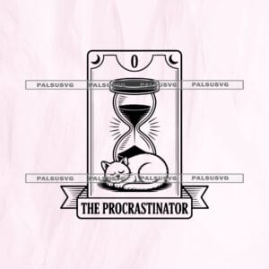 The Procrastinator Tarot Card SVG cut file for Cricut and Silhouette. Funny tarot card featuring an hourglass and a peaceful sleeping cat design.