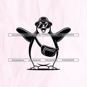 Tourist penguin SVG cut file for Cricut and Silhouette. Funny excited penguin wearing a bucket hat, sunglasses, and fanny pack design.