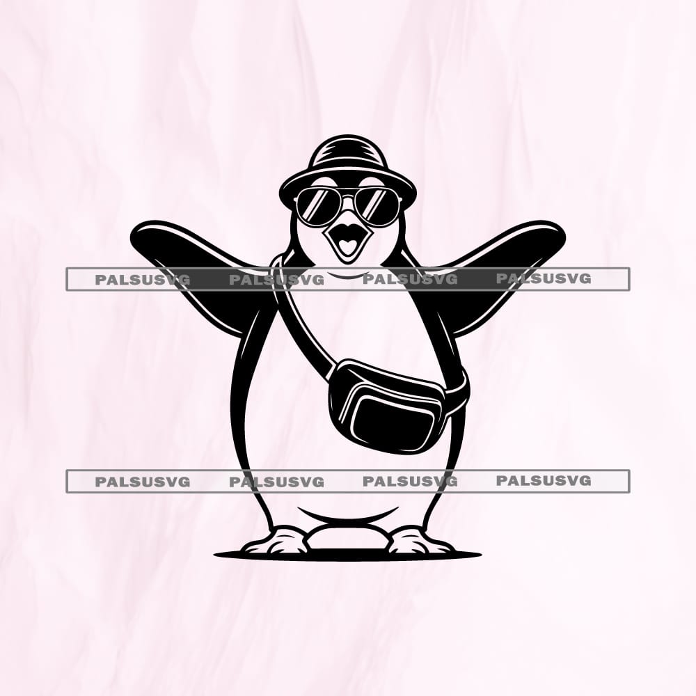 Tourist penguin SVG cut file for Cricut and Silhouette. Funny excited penguin wearing a bucket hat, sunglasses, and fanny pack design.